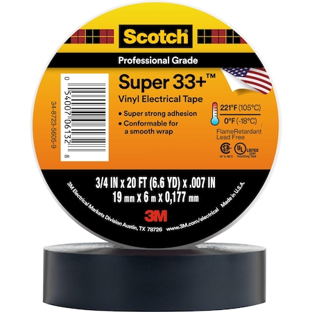 Vinyl Electrical Tape,3/4 in W x 20 ft L, 7 mil Thick, Black, Scotch Super 33+, 10 Pk