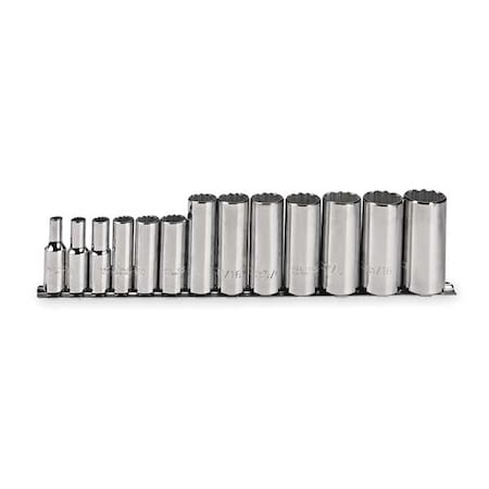 3/8" Drive Socket Set, SAE, 13pcs, Socket Set,Range 1/4 in to 1 in,12-Point