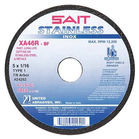 Abrasive Cut-Off Wheel, Type 1, 7 in Dia, 0.0625 in Thick, 7/8 in Arbor Hole Size, Aluminum Oxide
