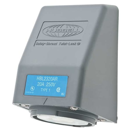 Flanged Locking Receptacle, L6-20R, 20 A, 250V AC, Single Phase, 2 Pole, Flush Mount, Gray