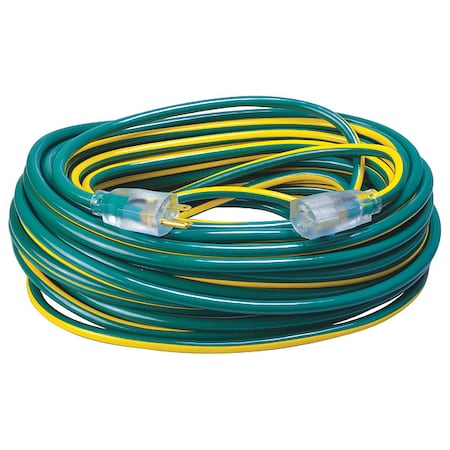 SJTW Extension Cord, 12 AWG, Outdoor, 12/3, 1 Outlets, 5-15R, Green/Yellow, PVC, 5-15P, 100 ft