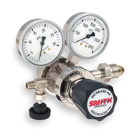 High Purity Gas Regulator, Argon, Helium, Nitrogen, Two Stage, 0.965"-14 Inlet, 1/8 in Outlet