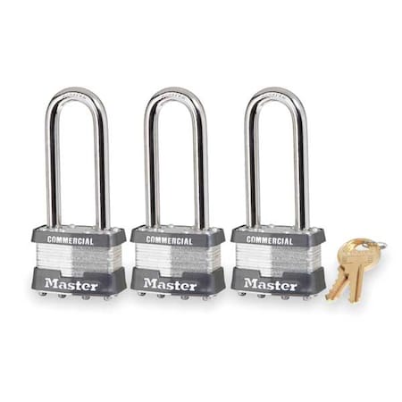 Padlocks, Keyed Alike, Long Shackle, Rectangular Steel Body, Steel Shackle, 3/4 in W, 3 PK