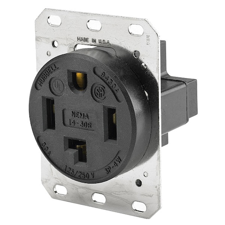 Straight Blade Receptacle, 14-30R, 30 A, 125/250V AC, 3 Pole, 4 Wire, Flush Mount, Grounded