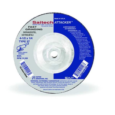 Depressed Center Grinding Wheel, Type 27, 4 1/2 in Dia, 0.25 in Thick, 5/8"-11 Arbor Hole Size