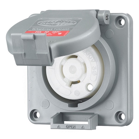 Watertight Flanged Locking Receptacle, L16-20R, 20 A, 480V AC, Three Phase, 3 Pole, Flush Mount