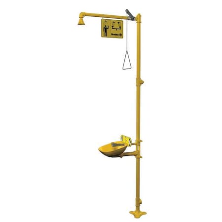 Shower with Eyewash, Floor Mount, Galvanized Steel Pipe, 94 1/8 in H, Plastic Bowl, Yellow