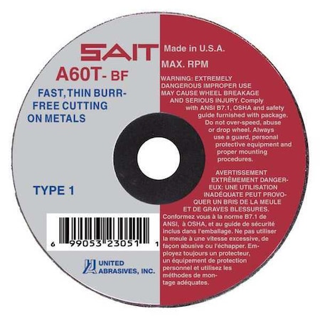 Abrasive Cut-Off Wheel, Type 1, 3 in Dia, 0.0625 in Thick, 1/4 in Arbor Hole Size, Aluminum Oxide