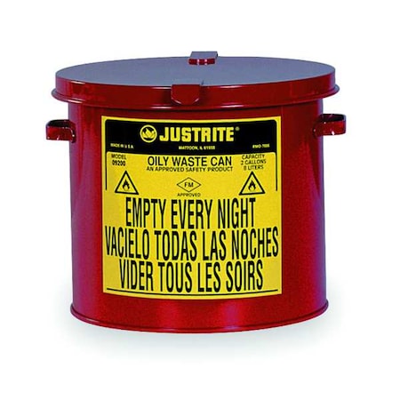 Oily Waste Can, 2 gal, Red, Steel, 9 1/8 in Height, Hand Operated Self-Closing