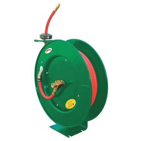 Spring Return Hose Reel, 1/4 in Hose Diameter, 50 ft Length, 300 psi Max. Pressure, Brass, Green