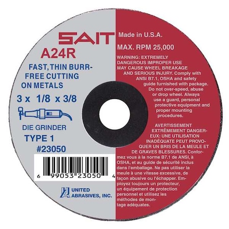 Abrasive Cut-Off Wheel, Type 1, 3 in Dia, 0.125 in Thick, 3/8 in Arbor Hole Size, Aluminum Oxide