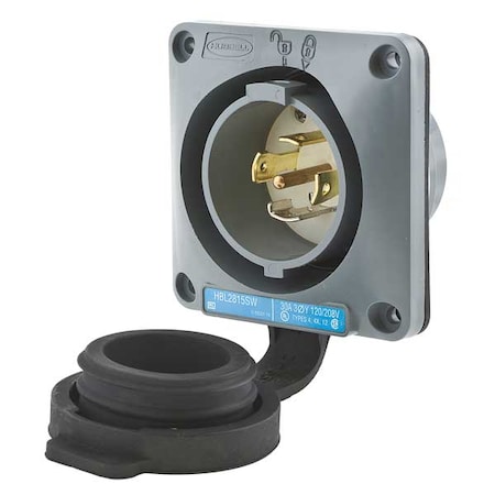 Watertight Flanged Locking Inlet, 30 A, 120/208V AC, Three Phase, 4 Pole, Flush Mount, Gray, White
