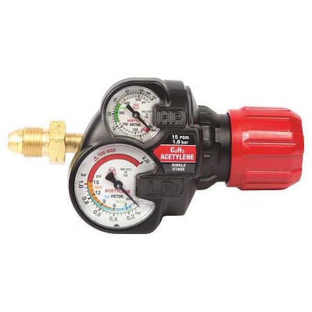 Gas Regulator, Acetylene, Single Stage, 0.965"-14 Inlet, 9/16"-18 Outlet, 2 to 15 psi