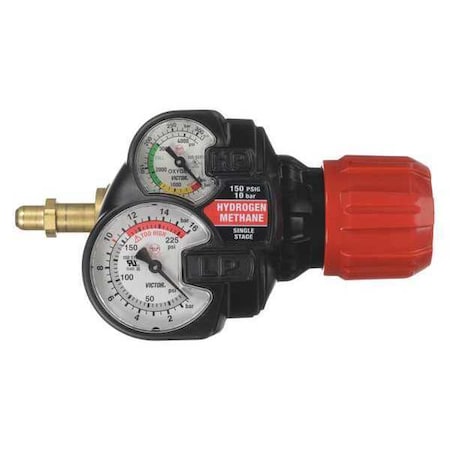 Gas Regulator, Hydrogen, Methane, Single Stage, 0.965"-14 Inlet, 1/4"-18 Outlet, 5 to 150 psi