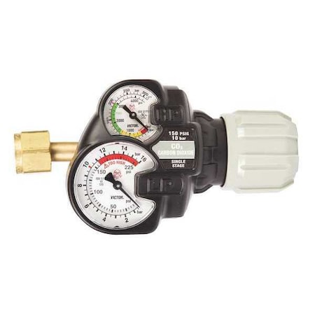 Gas Regulator, Carbon Dioxide, Single Stage, 0.825"-14 Inlet, 5/8"-15 Outlet, 5 to 150 psi