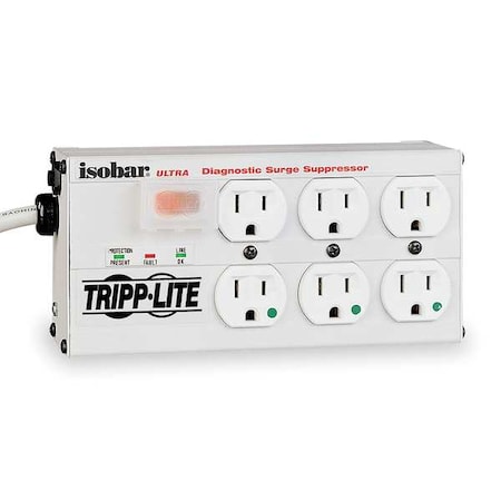 Outlet Strip, Surge, Hospital Grade, 6 5-15R, 5-15P, 15 ft., Light Gray