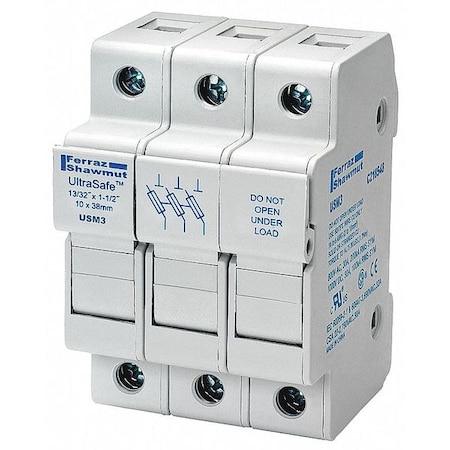 Finger Safe Fuse Block, 0 to 30A Amp Range, 800V AC/1000V DC Volt Rating, 3 Poles, Pressure Plate
