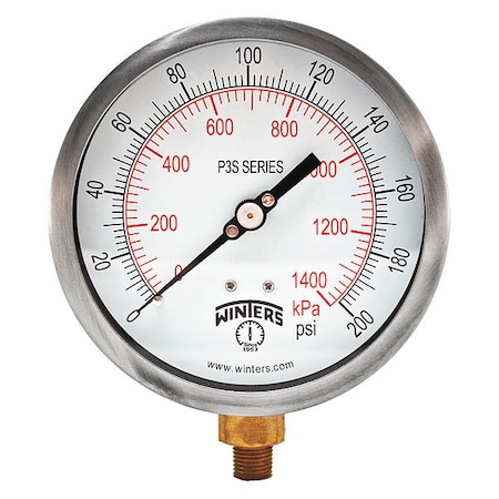 Industrial Pressure Gauge, 0 to 200 psi, 4 1/2 in Dial, 1/4 in NPT, Bottom Location