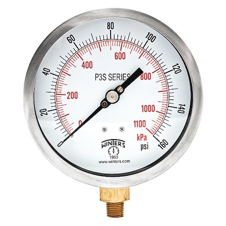 Industrial Pressure Gauge, 0 to 160 psi, 4 1/2 in Dial, 1/4 in NPT, Bottom Location
