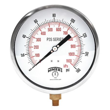 Industrial Pressure Gauge, 0 to 160 psi, 6 in Dial, 1/4 in NPT, Bottom Location
