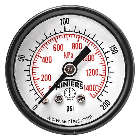 Commercial Pressure Gauge, 0 to 200 psi, 1 1/2 in Dial, 1/8 in NPT, Center Back Location
