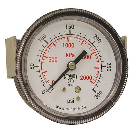 Panel-Mount Pressure Gauge, 0 to 300 psi, 2 1/2 in Dial, 1/4 in NPT, Center Back Location