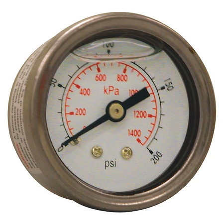Industrial Pressure Gauge, 0 to 200 psi, 1 1/2 in Dial, 1/8 in NPT, Center Back Location