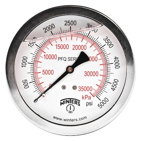 Industrial Pressure Gauge, 0 to 5,000 psi, 4 in Dial, 1/4 in NPT, Center Back Location