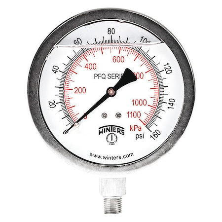 Industrial Pressure Gauge, 0 to 160 psi, 4 in Dial, 1/4 in NPT, Bottom Location