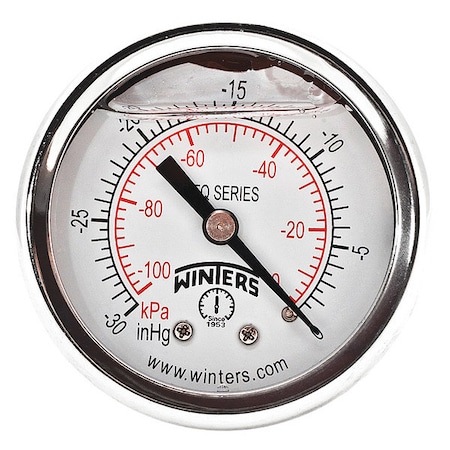 Panel-Mount Vacuum Gauge, 30 to 0 psi, 2 in Dial, 1/4 in NPT, Center Back Location