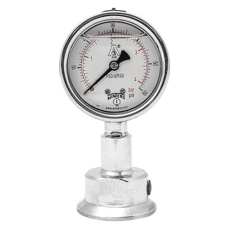 Pressure Gauge, 0 to 60 psi, 2 1/2 in Dial, 1 1/2 in Tri-Clamp, Bottom Location