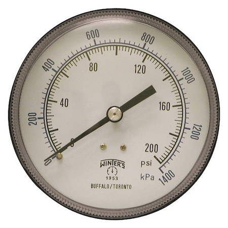 Panel-Mount Pressure Gauge, 0 to 200 psi, 3 1/2 in Dial, 1/4 in NPT, Center Back Location