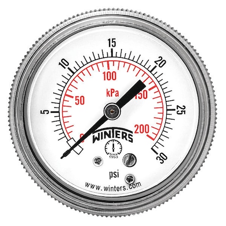 Panel-Mount Pressure Gauge, 0 to 30 psi, 2 in Dial, 1/4 in NPT, Center Back Location