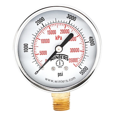 Commercial Pressure Gauge, 0 to 5,000 psi, 2 1/2 in Dial, 1/4 in NPT, Bottom Location