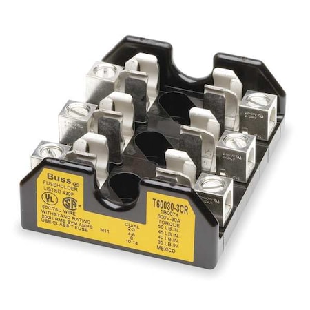 Open Fuse Block, 0 to 30A Amp Range, 600V AC/DC Volt Rating, 3 Poles, Box Lug