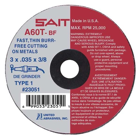 Abrasive Cut-Off Wheel, Type 1, 3 in Dia, 0.035 in Thick, 1/4 in Arbor Hole Size, Aluminum Oxide