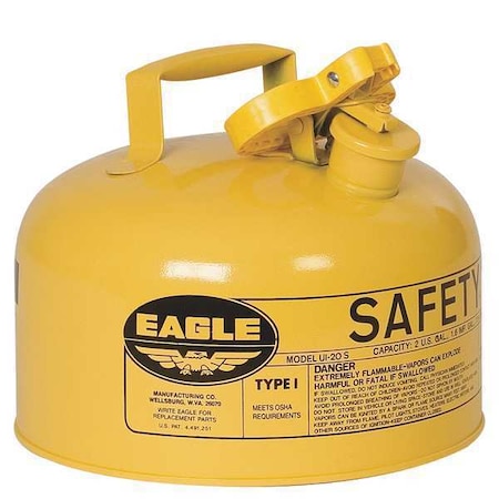 Type I Safety Can, Galvanized Steel, 2 gal, Self-Closing Lid, Yellow, 9 in Dia., Diesel