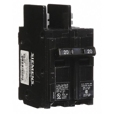 Miniature Circuit Breaker, BQ Series, 20A, 2 Pole, 120/240V AC, 10kA at 120/240V AC