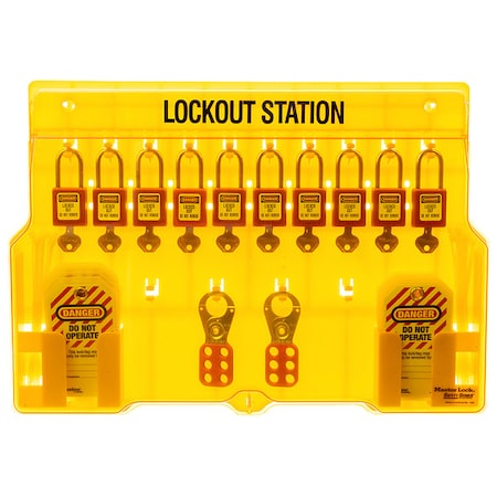 Lockout Station, Wall Mounted, 10-Lock Covered Station with 410RED Zenex Thermoplastic Padlocks