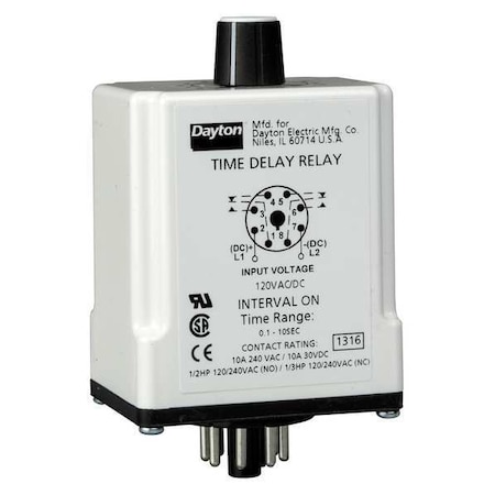 Single Function Time Delay Relay, Octal, Interval, 1 Functions 120V AC/DC, DPDT
