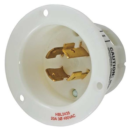 Flanged Locking Inlet, 20 A, 480V AC, Three Phase, 3 Pole, Flush Mount, Screw Terminals, White