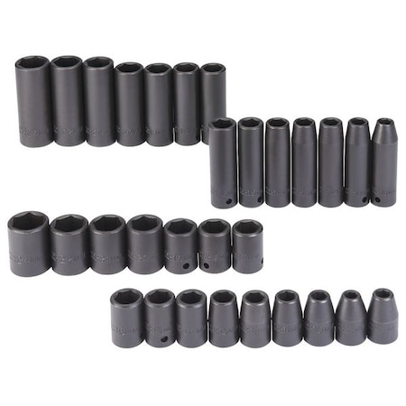 1/2 in Drive Impact Socket Set Metric 30 Pieces 8 to 24 mm , Black Oxide