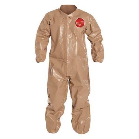 Coverall. Collar. Elastic Wrists and Ankles. Storm Flap with Adhesive Closure. Tan. LG