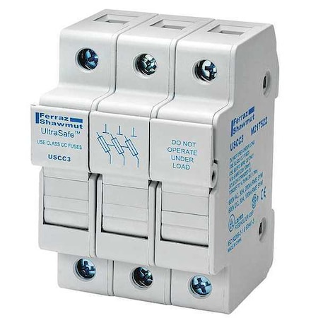 Finger Safe Fuse Block, CC UL Class, 600V AC/DC Volt Rating, 3 Poles, Pressure Plate