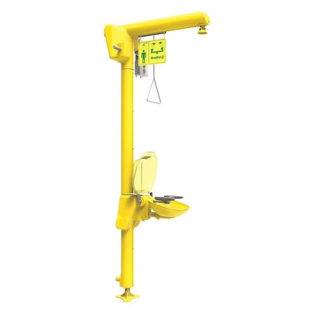 Shower with Eyewash, Floor Mount, Galvanized Steel Pipe, 93 13/16 in H, Plastic Bowl, Yellow