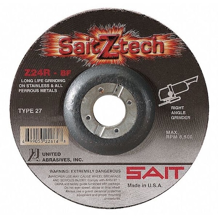Depressed Center Grinding Wheel, Type 27, 9 in Dia, 0.25 in Thick, 7/8 in Arbor Hole Size, 24 Grit