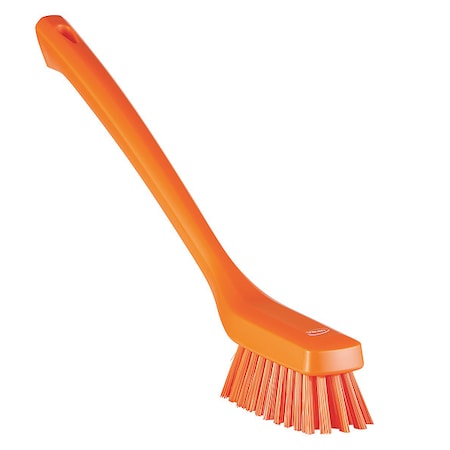 1 73/100 in W Scrub Brush, Stiff, 12 in L Handle, 4 33/100 in L Brush, Orange, Plastic