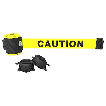 Barrier Post with Belt, Yellow, 15 ft Length, 22 in to 42 in Adjustable Post Height, Caution