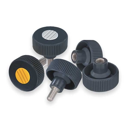 Knurled Knob, Sz: 1, D1= 40 D=1/4-20X20, Form L, Plastic Black, Comp: Stainless Steel, Cap: Black