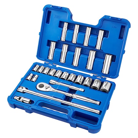 1/2" Drive Socket Wrench Set SAE 26 Pieces 7/16 in to 1 1/4 in , Chrome